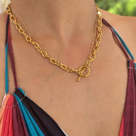 18k Gold Plated Stainless Steel Chunky Chain Choker Necklace Toggle Clasp 17in - Picture 2 of 7